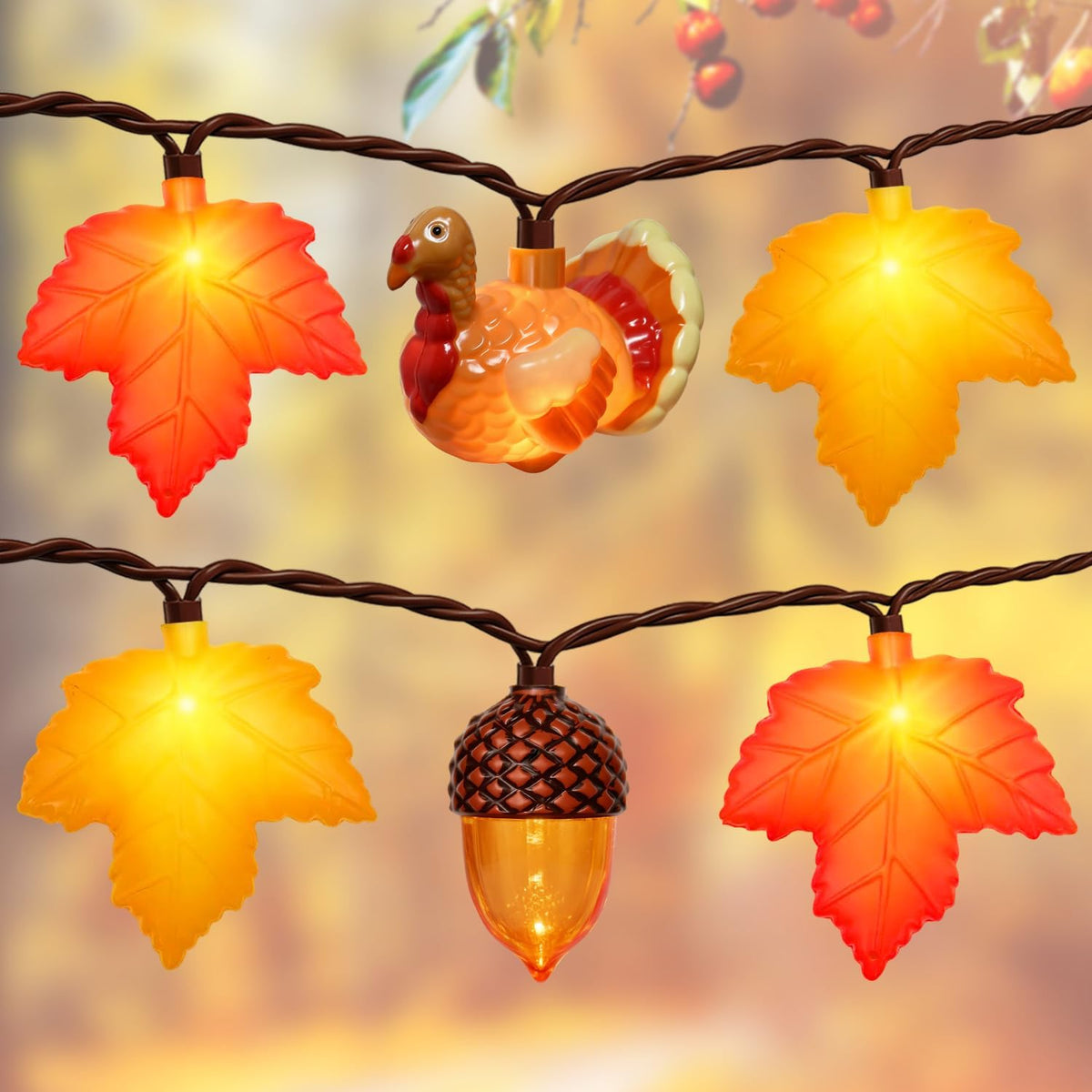 8.5Ft Fall Thanksgiving Decor String Lights, 10 LED Maple Leaves Acorn Turkey Lights Home Porch Fireplace Autumn Harvest Party, Indoor Outdoor Thanksgiving Decor, Plug in