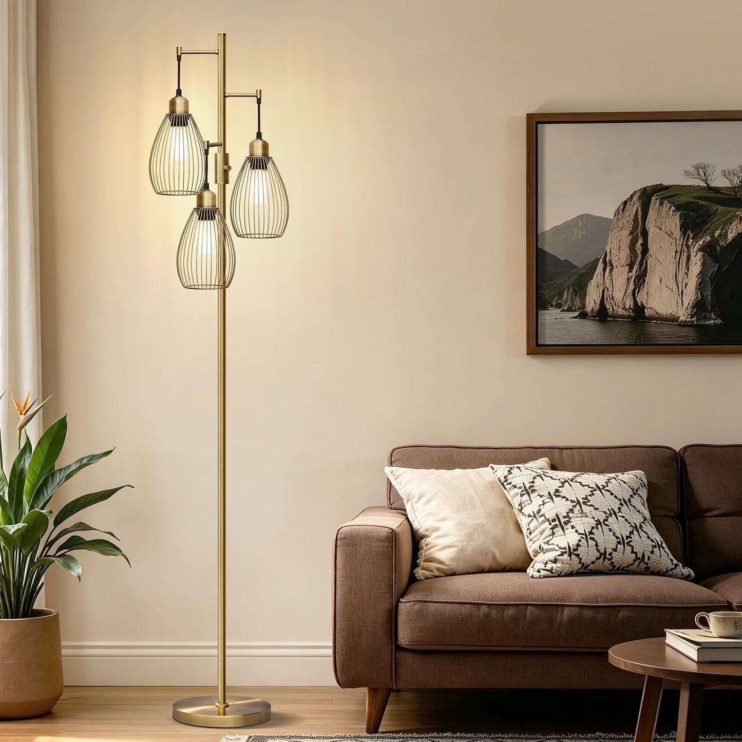 Dimmable Floor Lamp, 3 x 800LM LED Edison Bulbs Included, Farmhouse Industrial Floor Lamp Standing Tree Lamp with