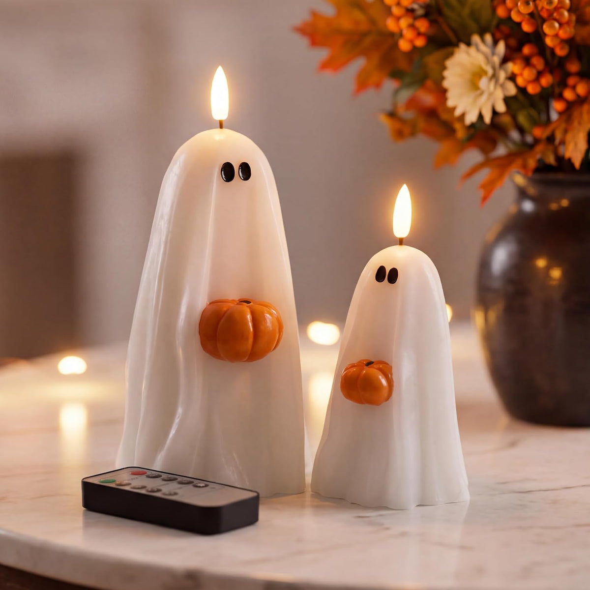 Halloween Decorations, Fall Decor, Flameless Ghost Candles holding Pumpkin