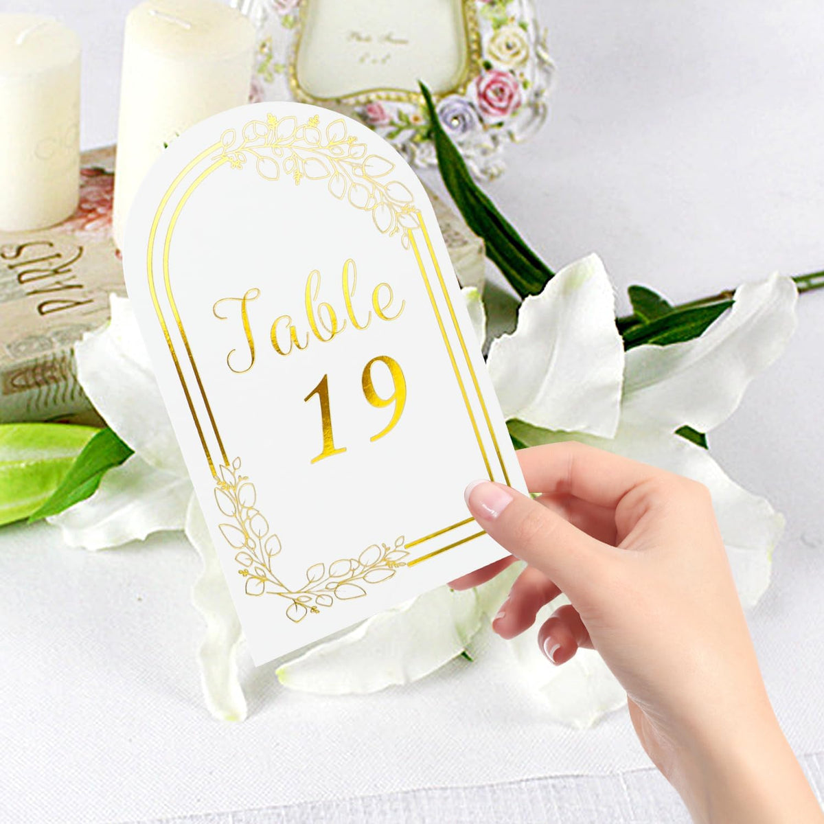 Wedding Table Numbers 1-40, 40 White Gold Table Number Cards with 40 Gold Table Number Holders, 1 Set of 40 Table