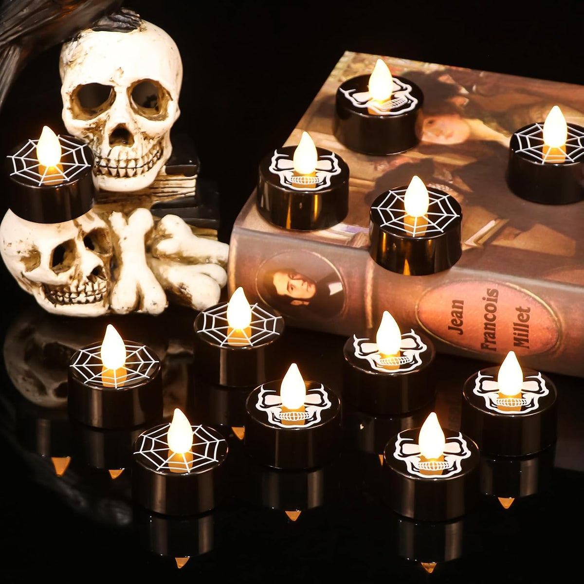 GenSwin Skull Spiderweb Halloween Flameless Candles Battery Operated Timer