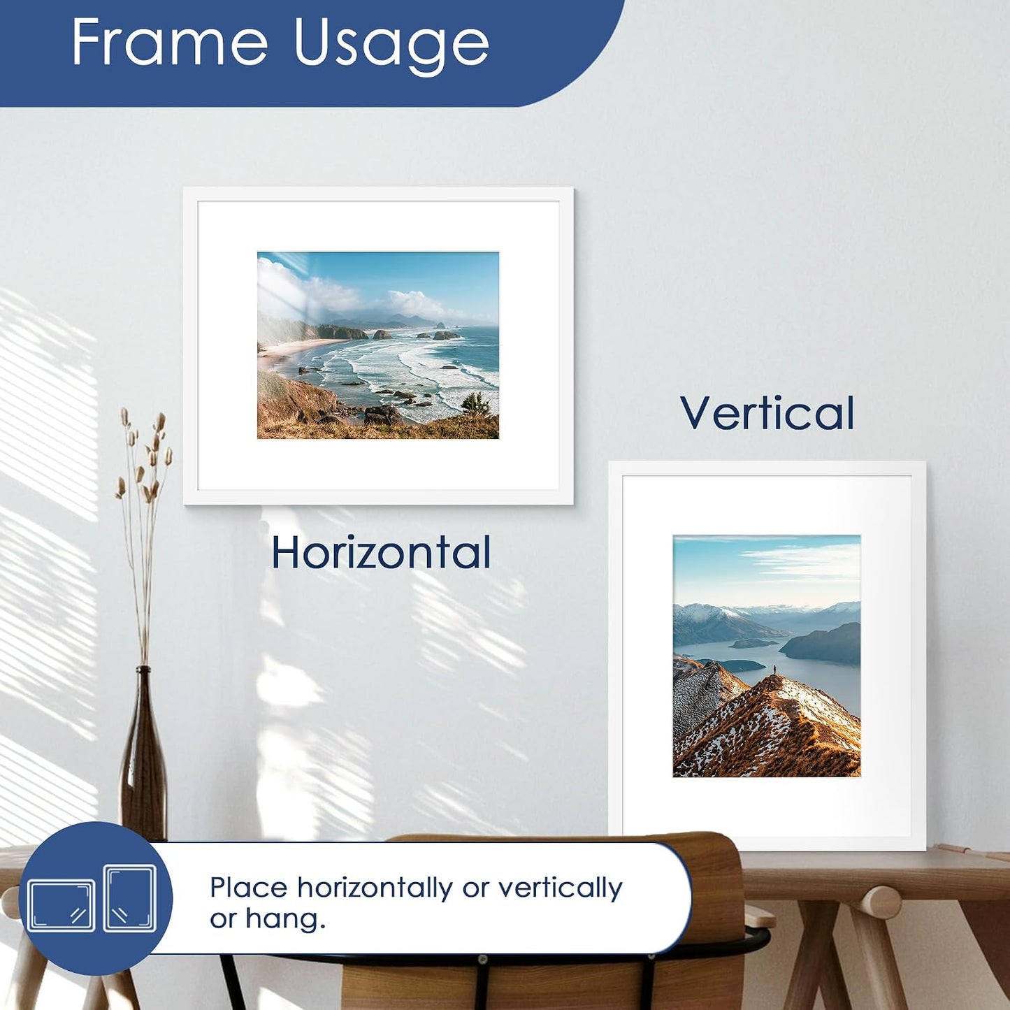 16x20 Picture Frame Set of 6, Wall Mount Display, White | Display Pictures 11x14 with Mat or 16x20 Without Mat