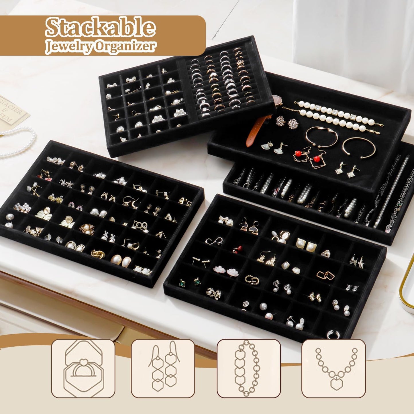 Large Velvet Jewelry Tray Stackable Jewelry Display Drawer Inserts / Black / 16 Grids / Set of 2