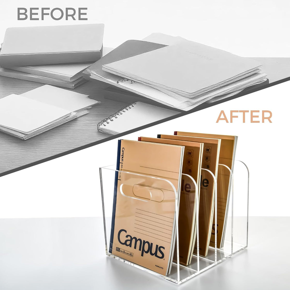 Acrylic File Holder for Desk - 4 Slot Vertical Magazine Organizer & Bookend - Clear Document Sorter Rack for Folders