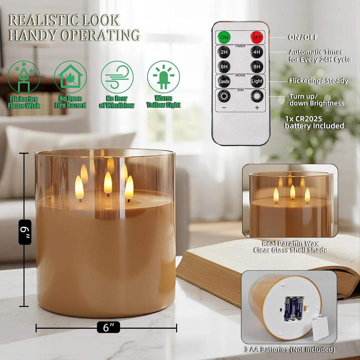 NICEME Extra Large 3 Wick Battery Operated Candle, 6"x6" Big Clear Glass Flameless Candles with Remote, Real Wax