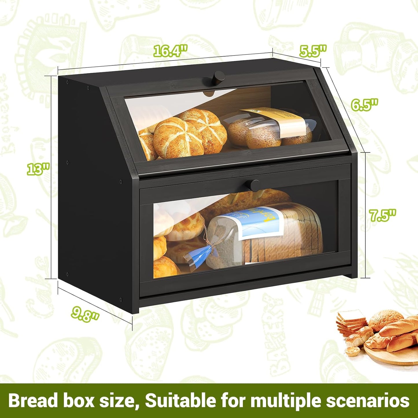 BMOSU Farmhouse Bread Box for Kitchen Countertop Bread box Double Layer Bamboo Wooden Extra Large Capacity Bin Kitchen