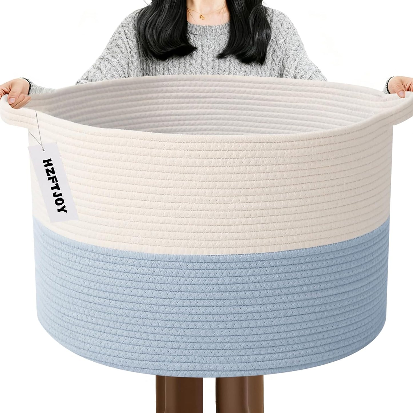 65L Extra Large Woven Blanket Basket, Laundry Basket-White&Blue