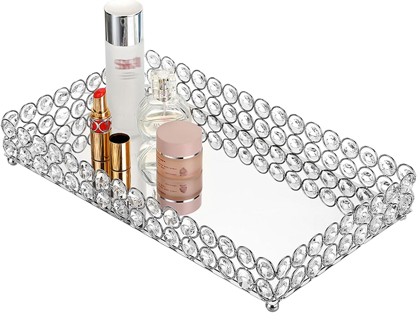 Crystal Cosmetic Vanity Tray / 13.8 x 7.9 x 2 / Silver