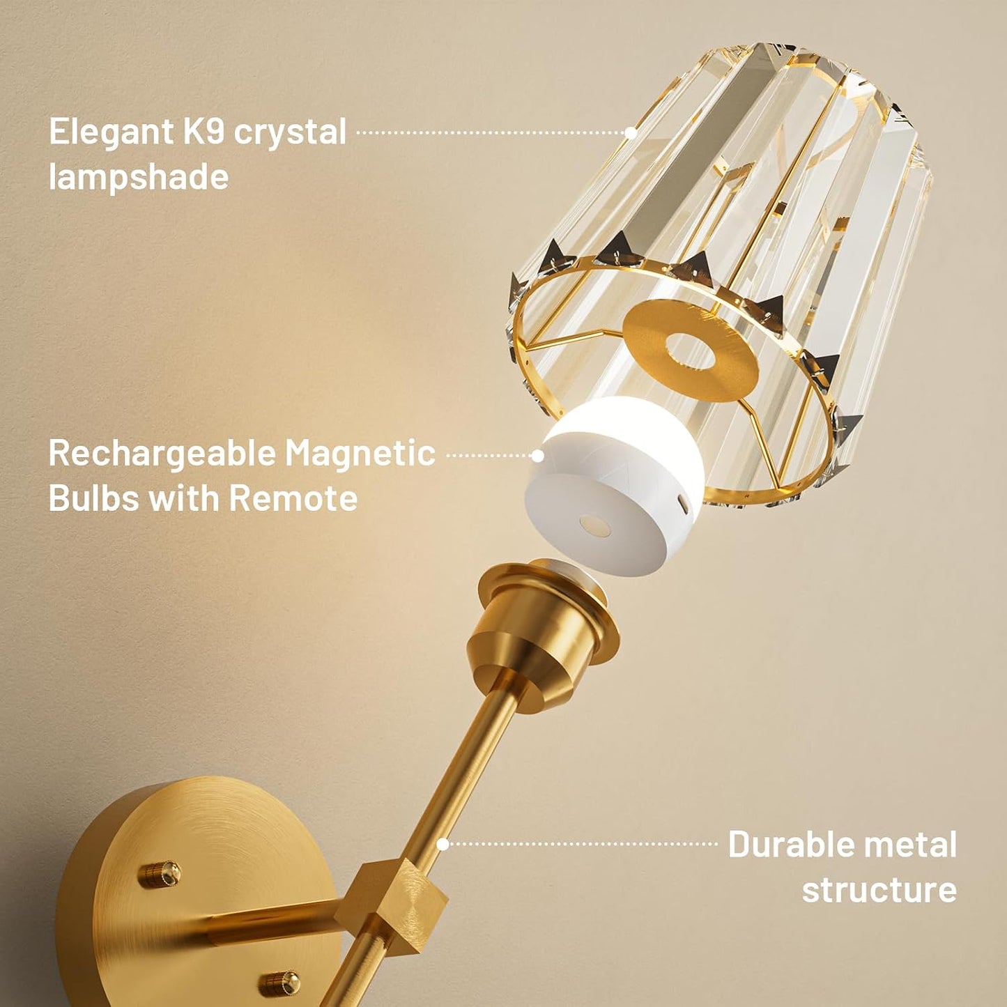 Crystal Battery Operated Wall Sconces Set of 2, Gold Rechargeable Wireless Wall Sconce Lights with Crystal Lampshade