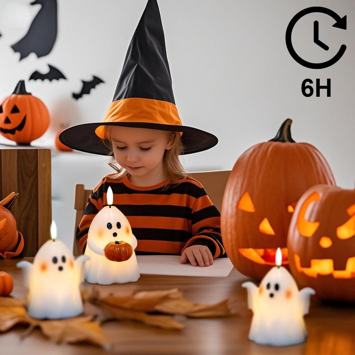 Wondise Halloween Flameless Candles with 6hrs Timer Spooky Ghost | Battery Operated Candles 3D Flickering Wick Real Wax