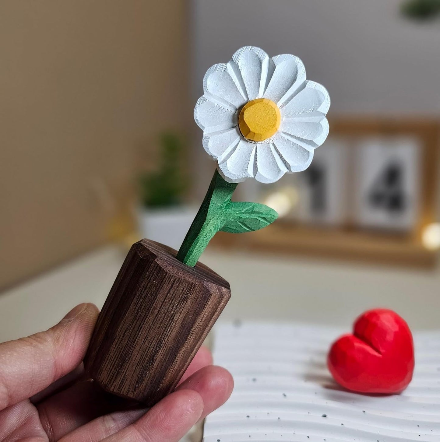 Hand-Carved Wooden Flower / White Daisy