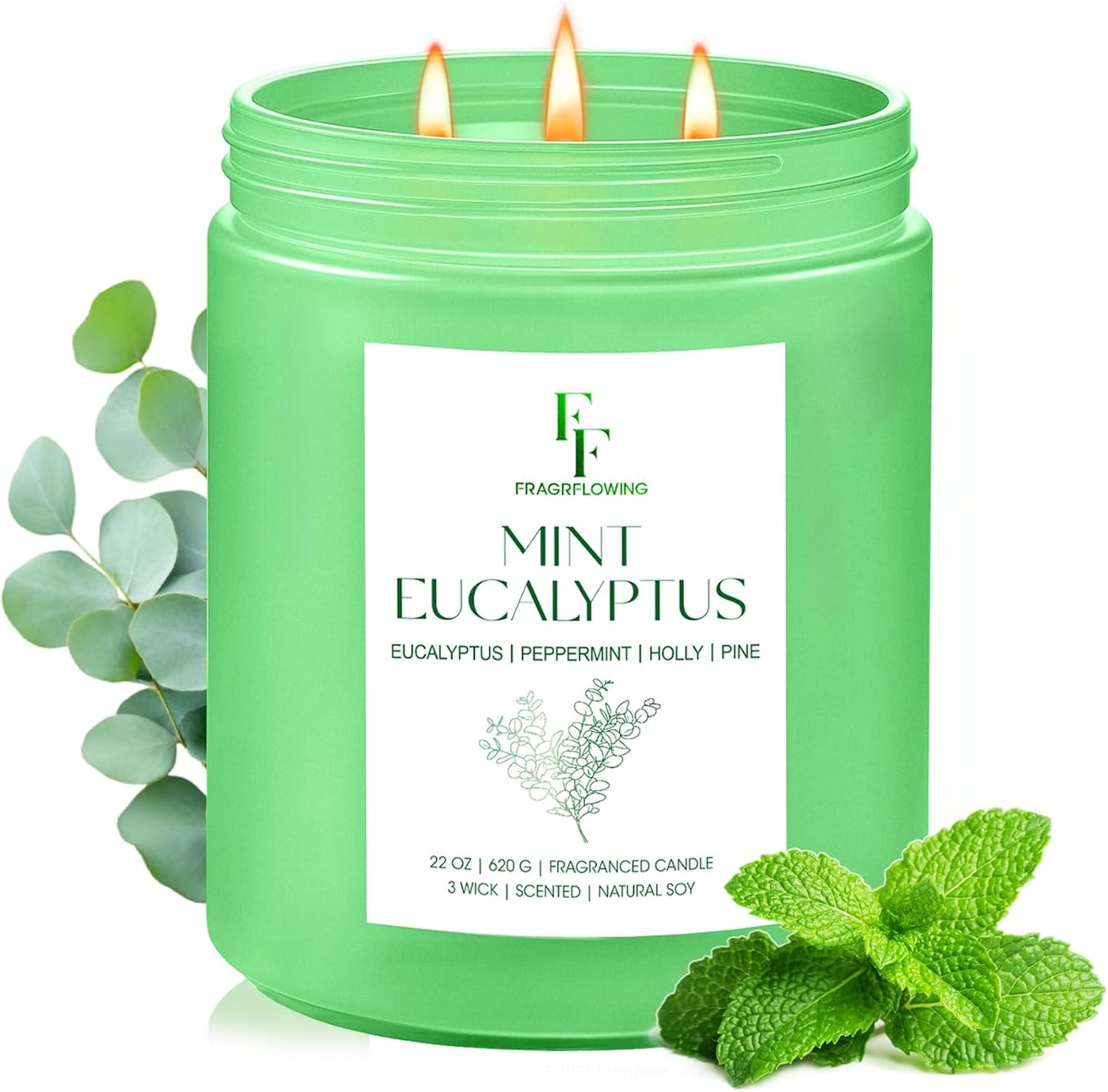 Mint Eucalyptus Large Scented Candle, 3-Wick 22oz Long Lasting Scented Candle, Natural Soy Wax Aromatherapy Candle for