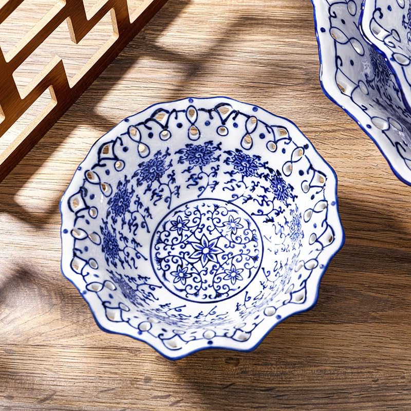 9.5" Large Ceramic Fruit Pedestal Bowl / Medium / Floral / Blue