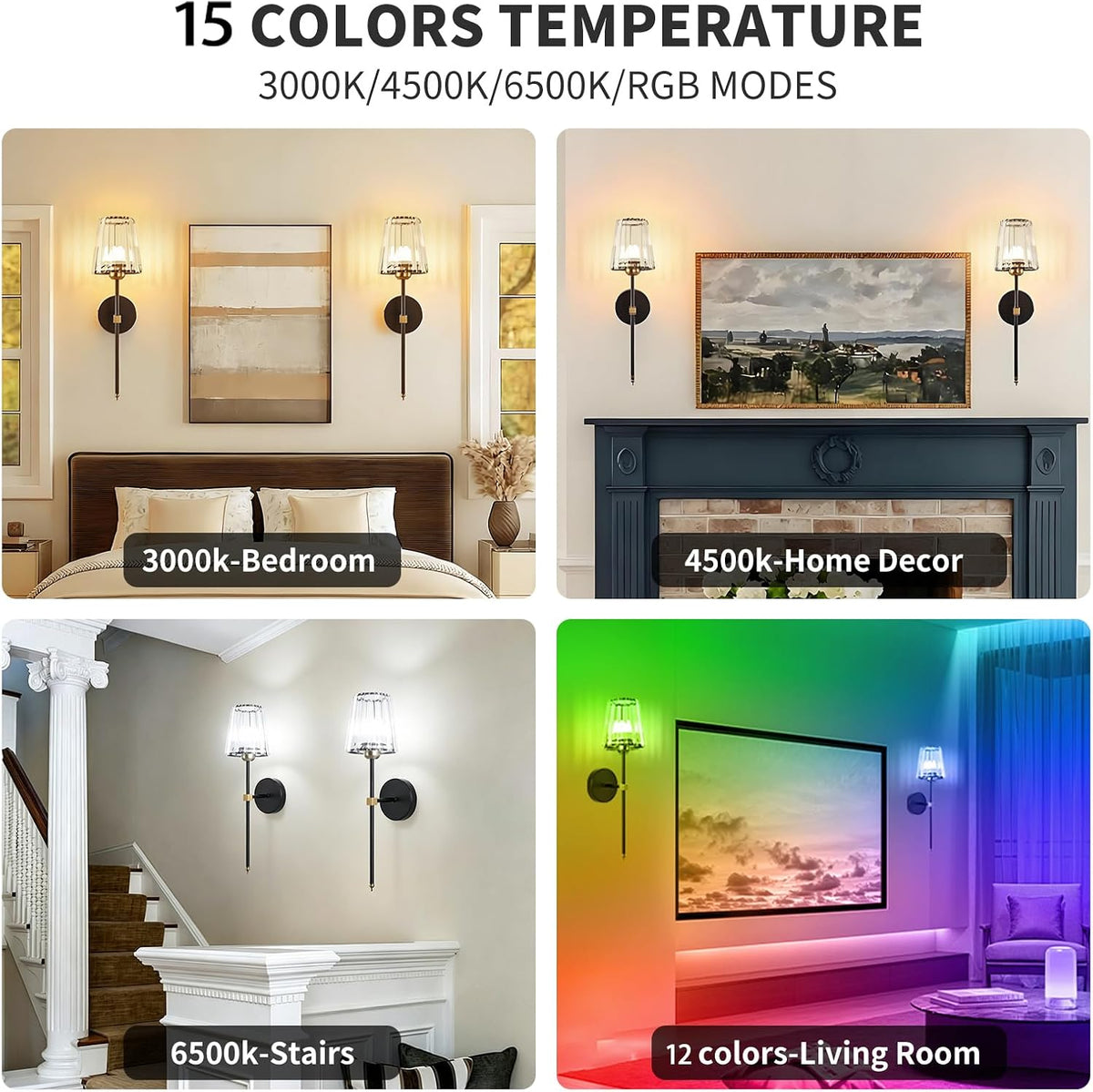 Battery Operated Wall Sconce Set of 2, Black Gold Rechargeable Wall Sconce with Crystal Lampshade, 5200mAh Wireless RGB
