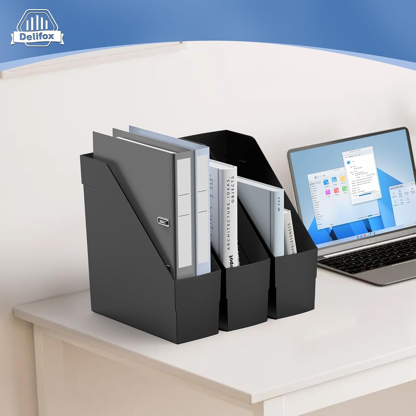 Delifox 3 Pack Magazine Rack, Plastic File Folder Bin Desk Organizer, Black
