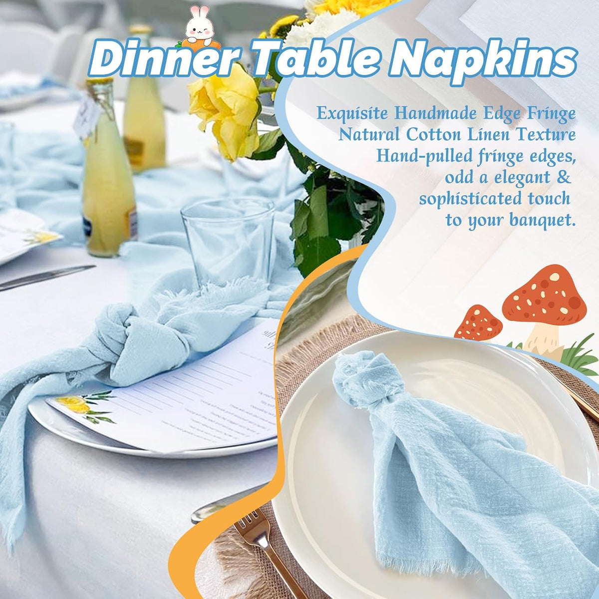 Showgeous 30 Pack Light Blue Cloth Napkins with Fringe, 16x16 inch | 100% Cotton Blue Napkins Handmade Dinner Napkins