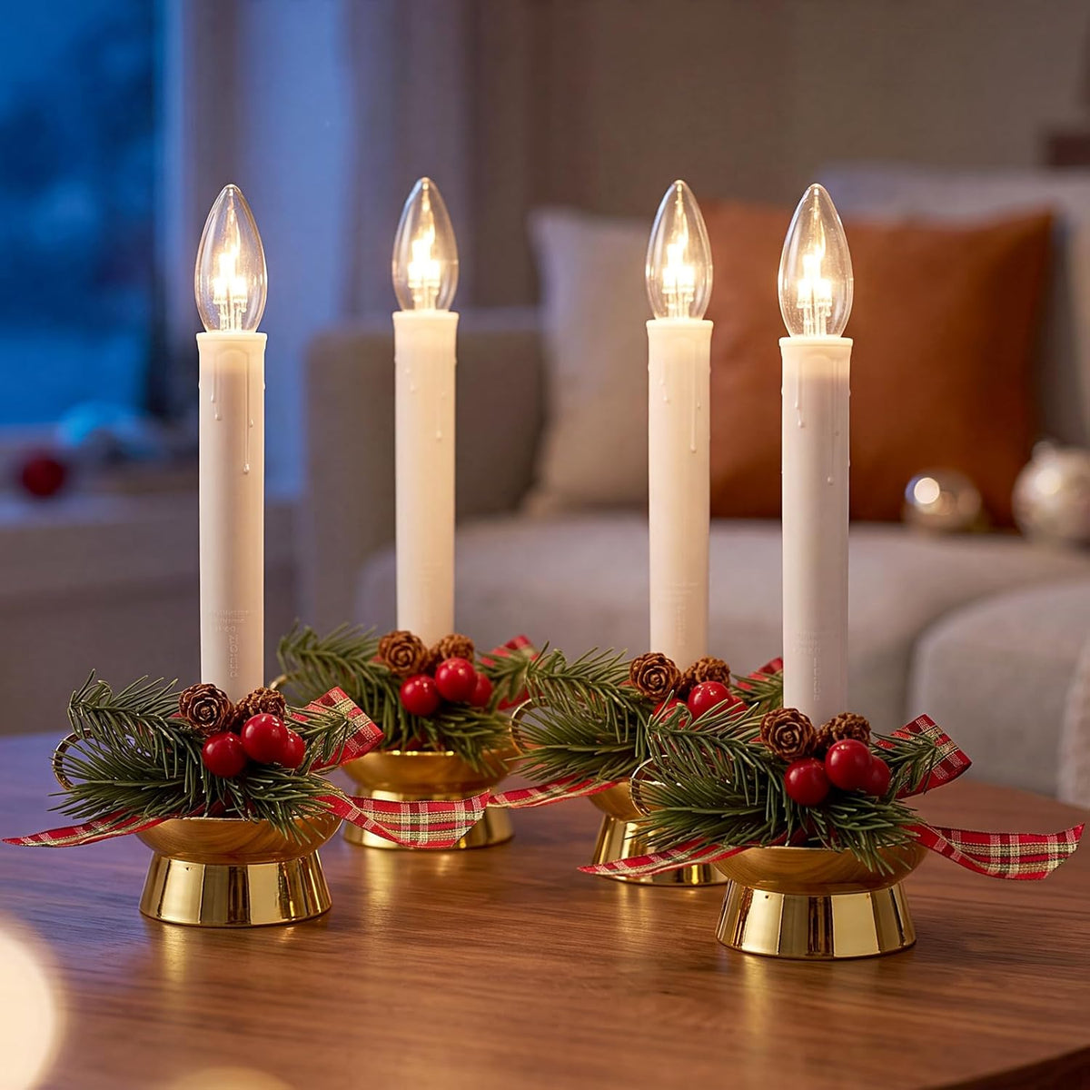 4PK Christmas Window Candle Light, 11" LED Golden Chamberstick