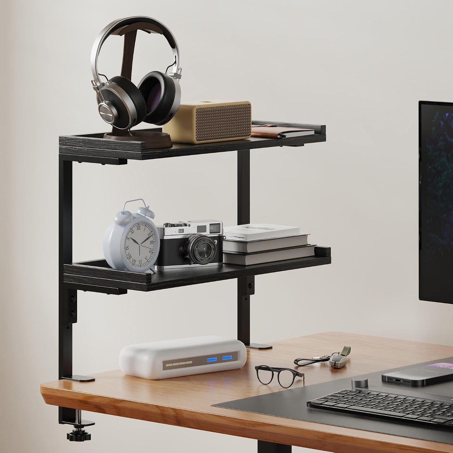 Clamp On Desk Shelf 2-Tier, 16.5 in Wood Shelving Unit for Office Desk/Gaming Accessories, Tabletop Book Storage Rack