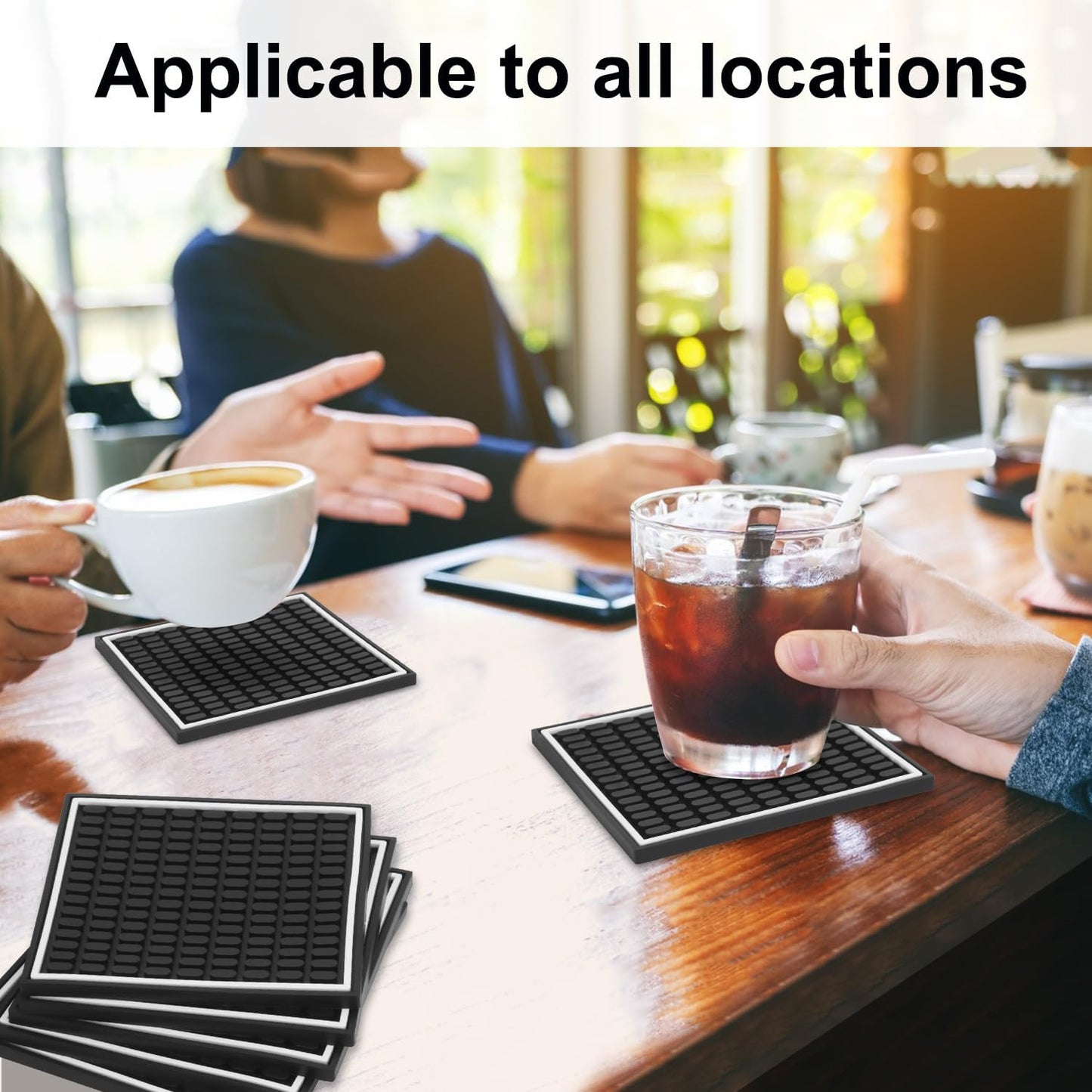 Holder / Black Rubber Coasters / 4 x 4 / Inch Square Black / Set of 24
