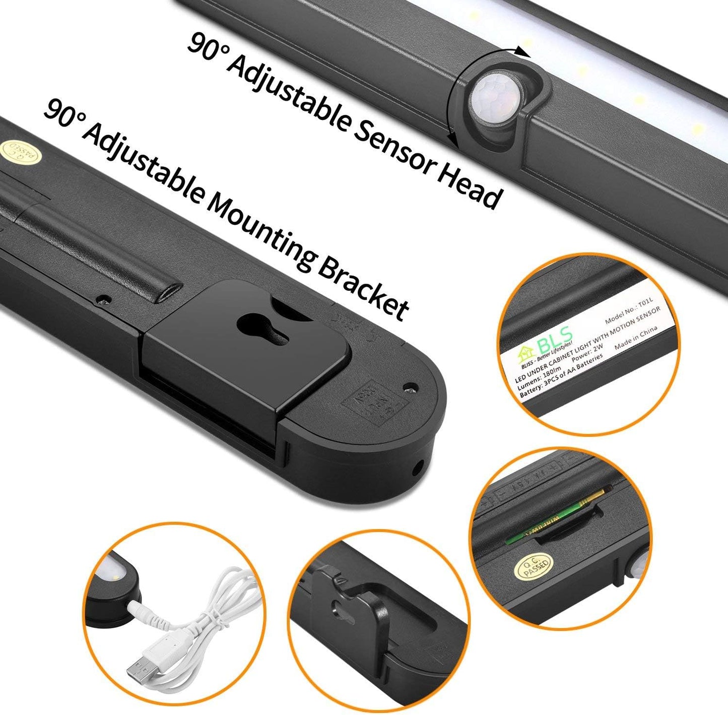 BLS T01LB LED Closet Light Super Bright 20 LED Under Cabinet Lighting Battery Powered/DC Input Wireless Motion Sensing