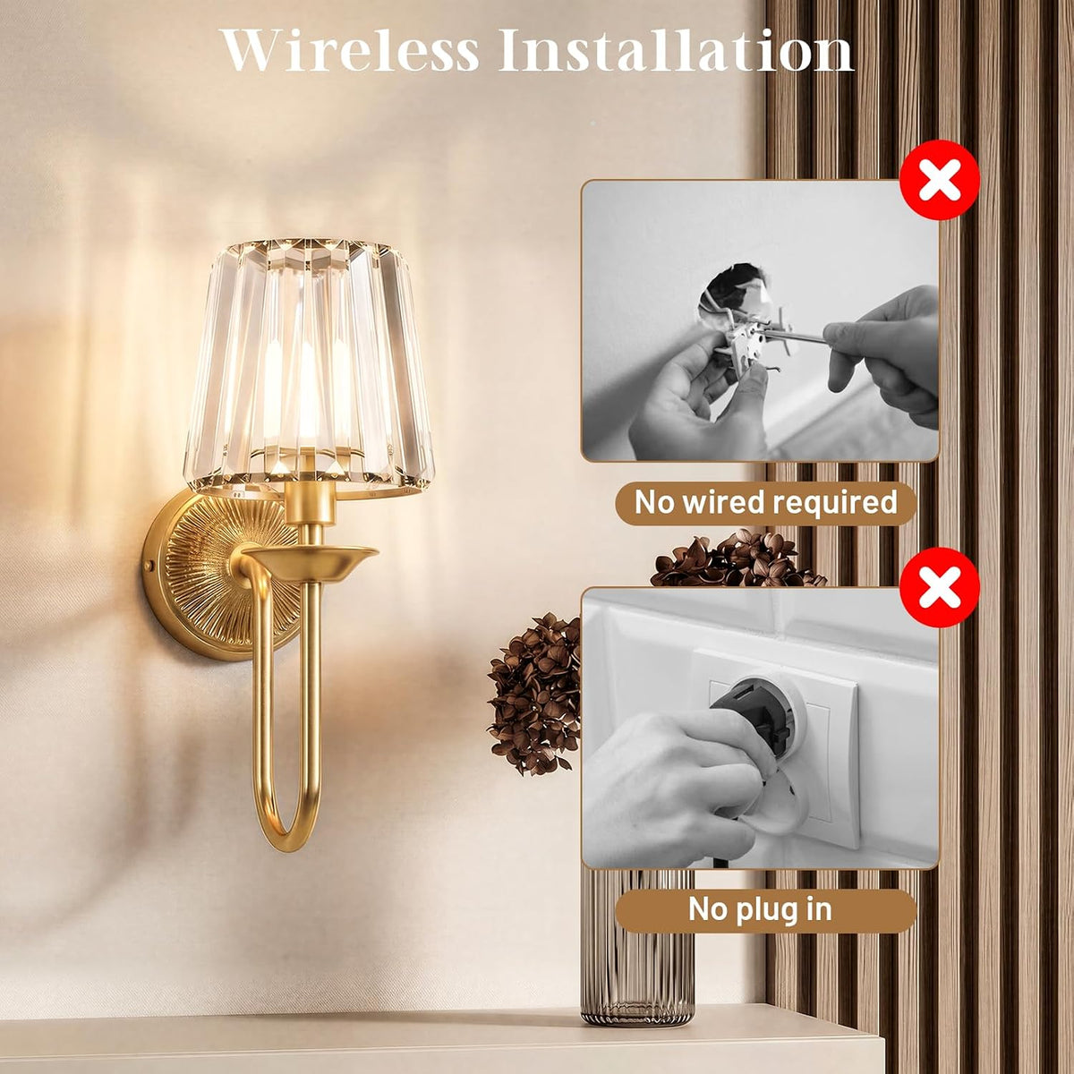 Gold Battery Operated Wall Sconces Set of Two, Crystal Wireless Rechargeable Wall Lights with Remote, Dimmable 3 CCT