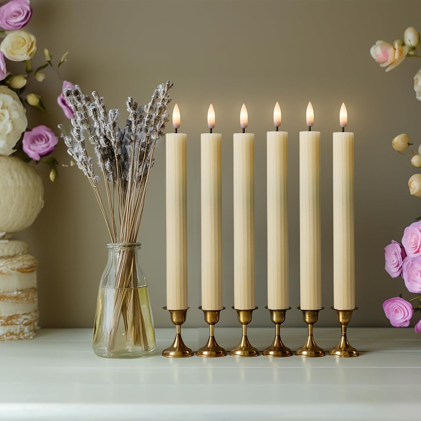 10" Fluted LED Ivory Grooved Pillar Candles with 2 Remotes & 24h Timer Memory, On/Off Switch - Flameless Dimmable