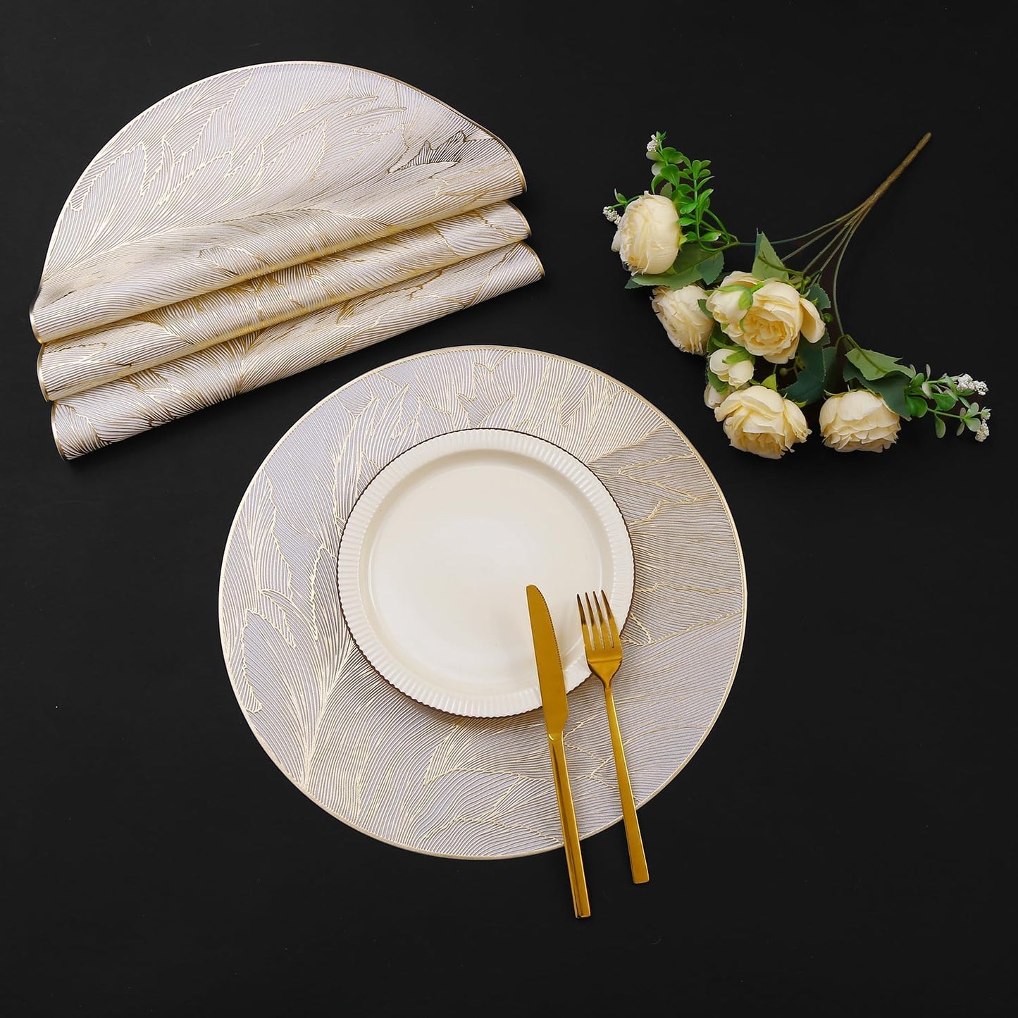 FAVE 12PCS Gold Feather Placemats, Round Vinyl, Non-Slip & Wipeable, 15" | Shimmering Metallic Gold Table Decor for