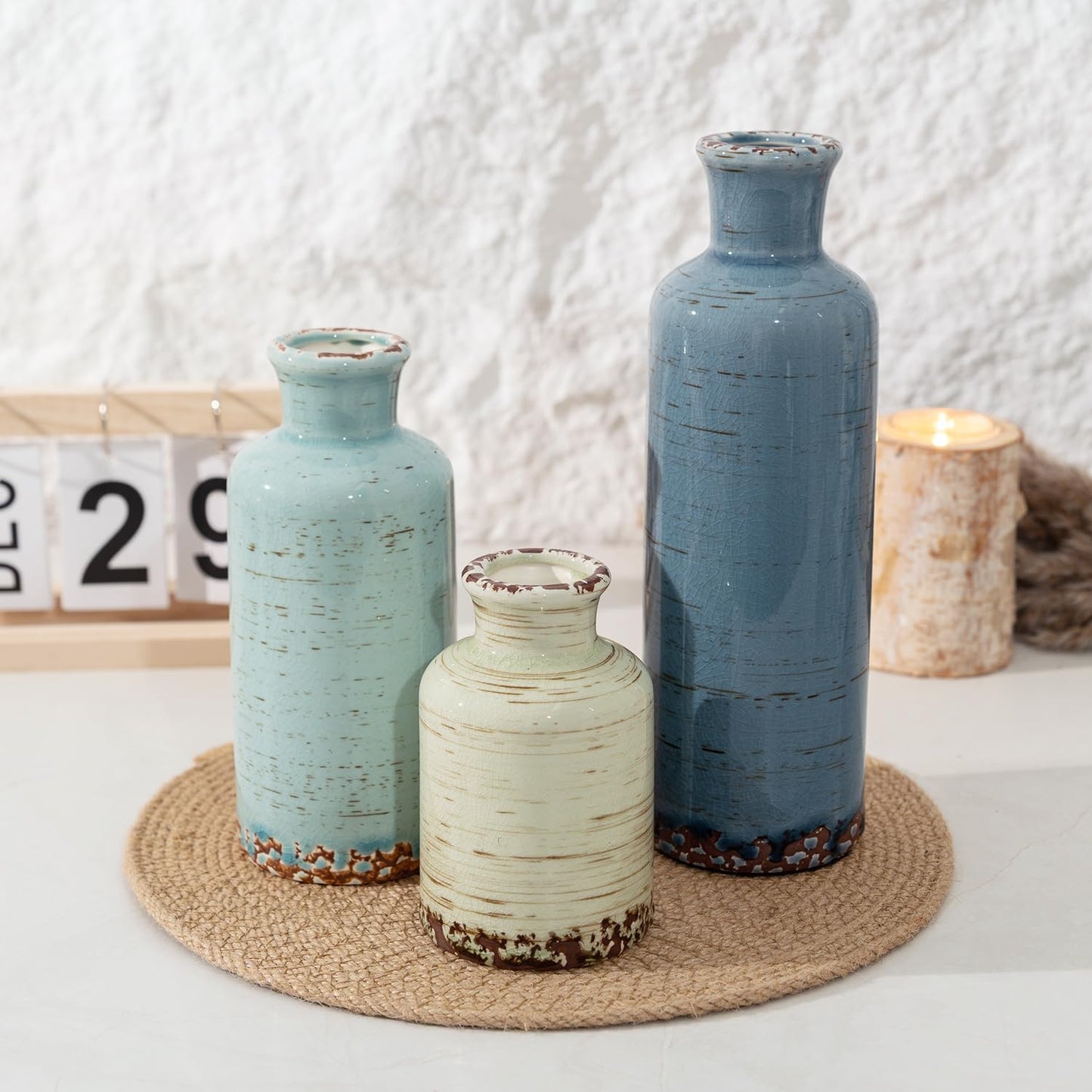 Rustic Farmhouse Vase / 105-pale Teal Wood / Set of 3