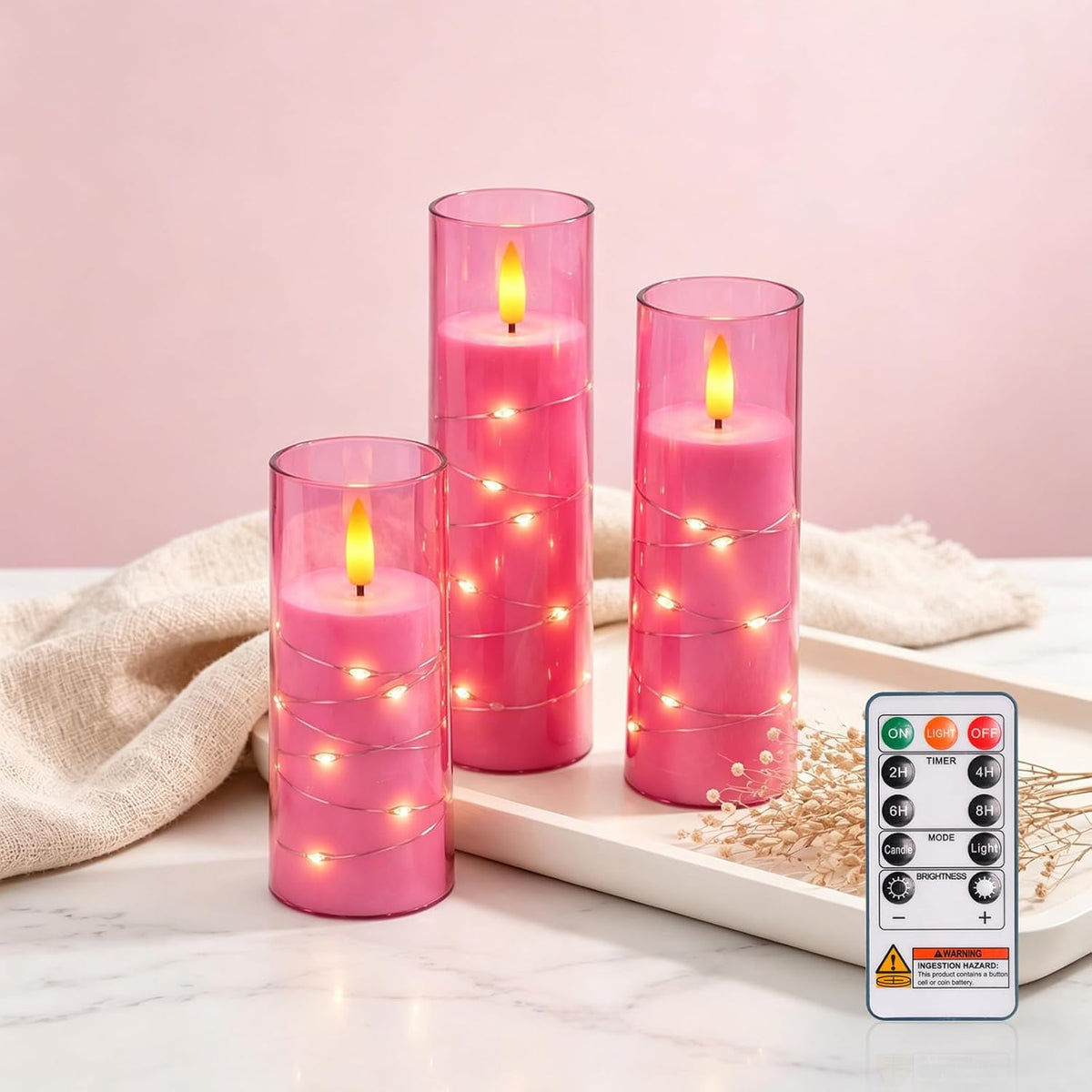 Raycare Flameless Battery Operated Pillar Candles with Remote Timer, Pink