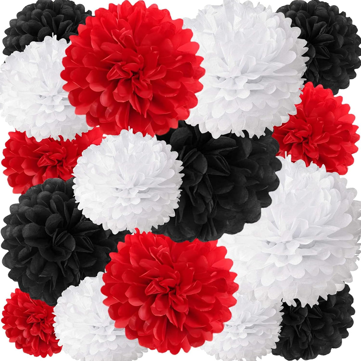 18 PCS Tissue Paper Pom Poms, Tissue Paper Flowers, Sizes of 6", 10", 12", 14" Bachelorette Paper Flower Party Decor for Wedding, Birthday, Fiesta Stranger, Baby Showers (Black Red White)
