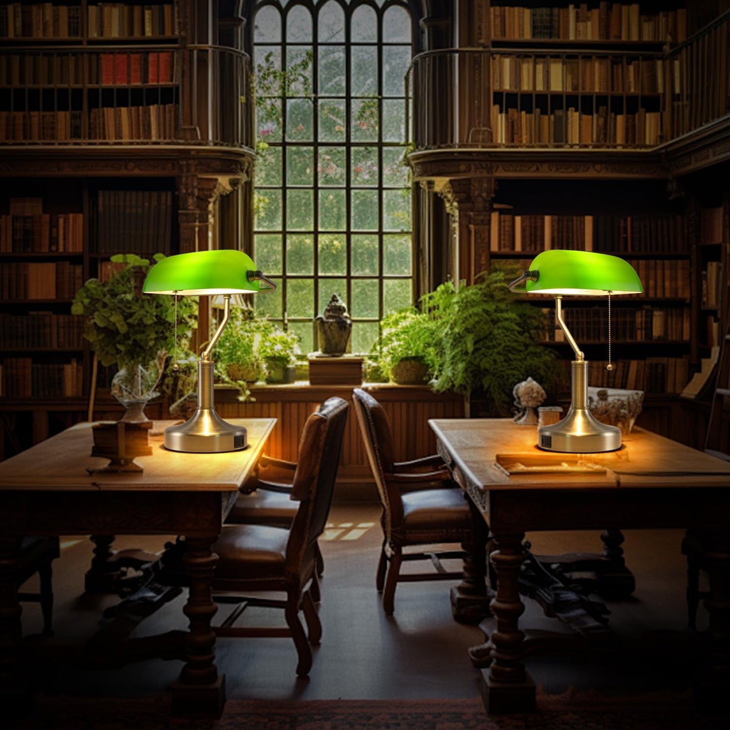 Banker Desk Lamp Green Glass, Antique Desk Lamps with Brass Base, Traditional Library Table Lamp with USB A and Type C