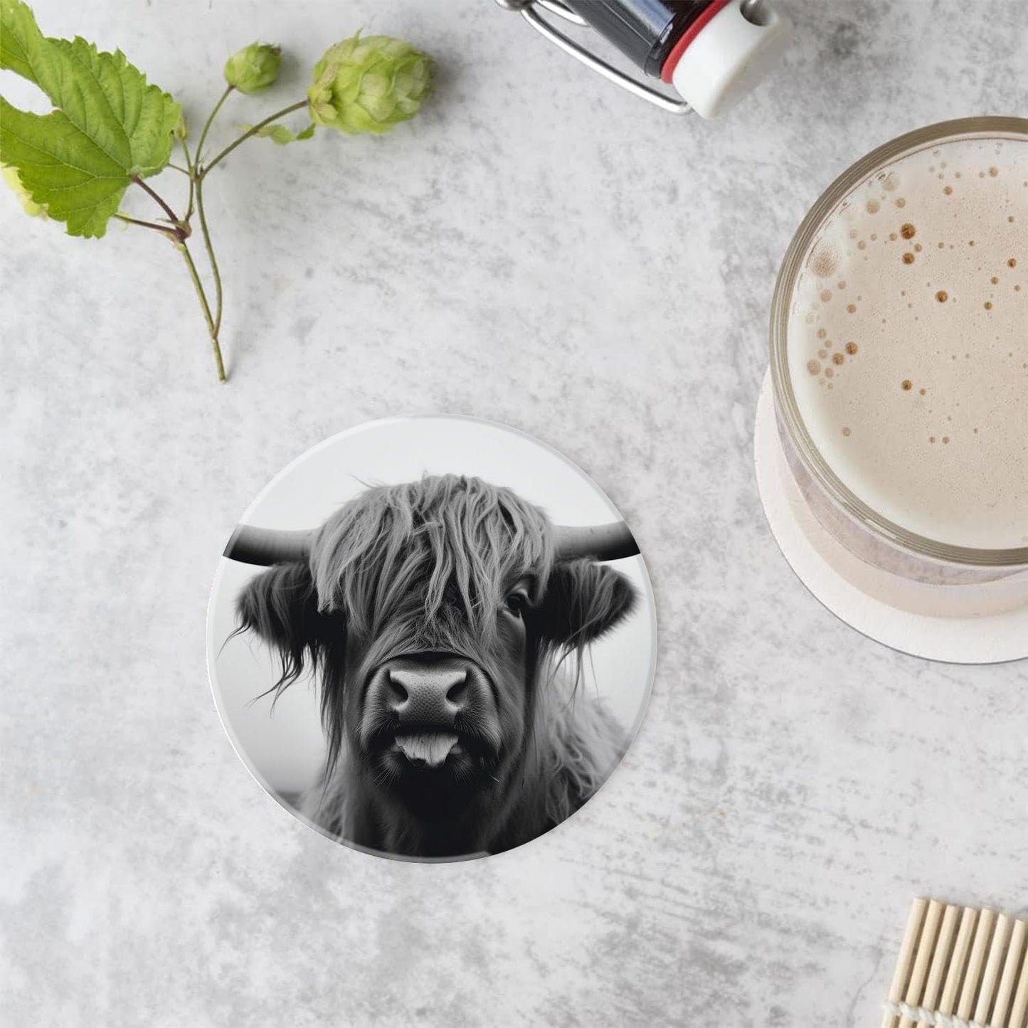 Holder / Ceramic Drink Coasters / 4 Inch / Elegant Cow / Black