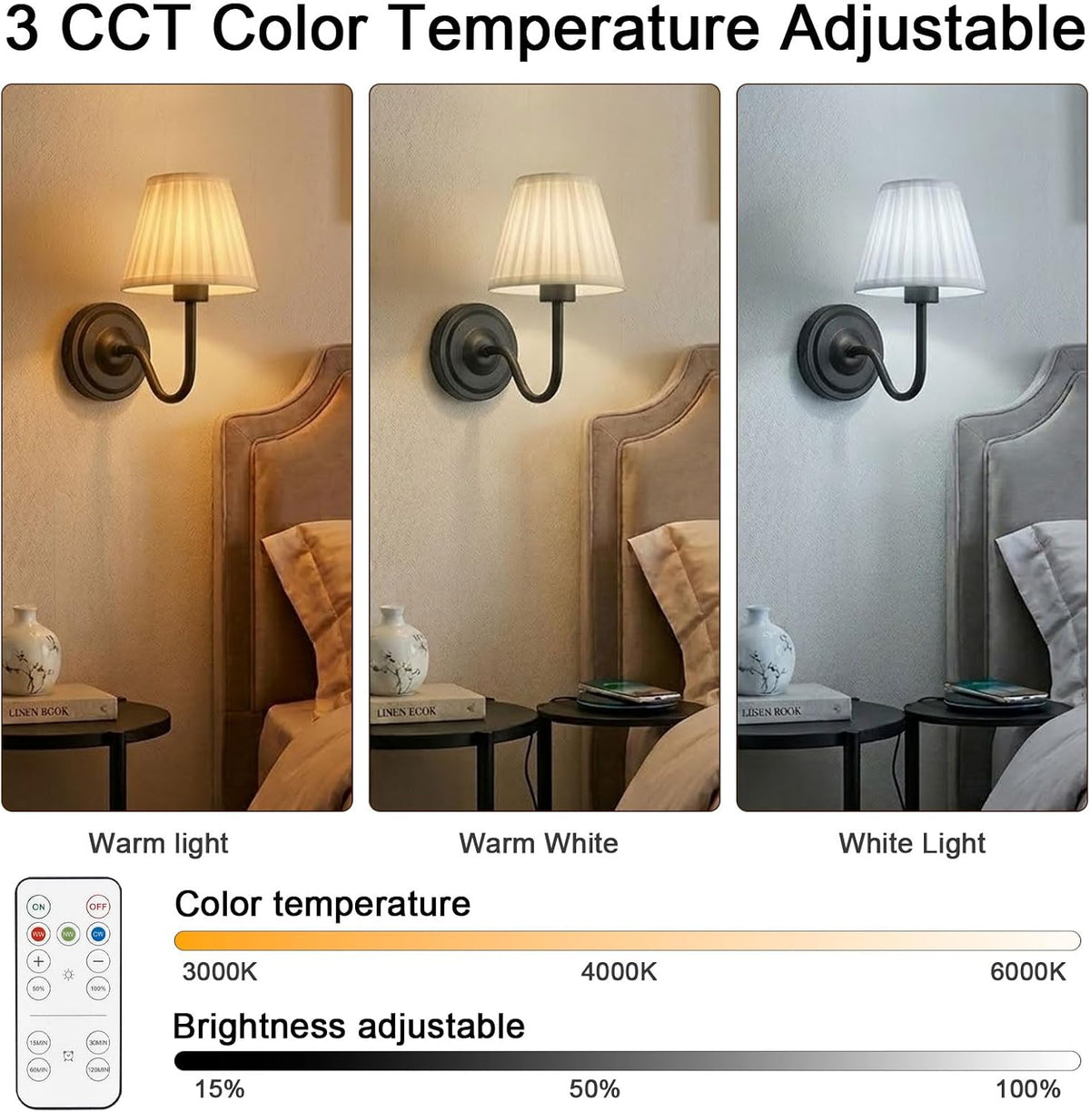Black Wireless Wall Sconce Set of 2, Battery Operated Wall Sconce Lights with 3 CCT Color & Dimmable Magnetic Bulb and