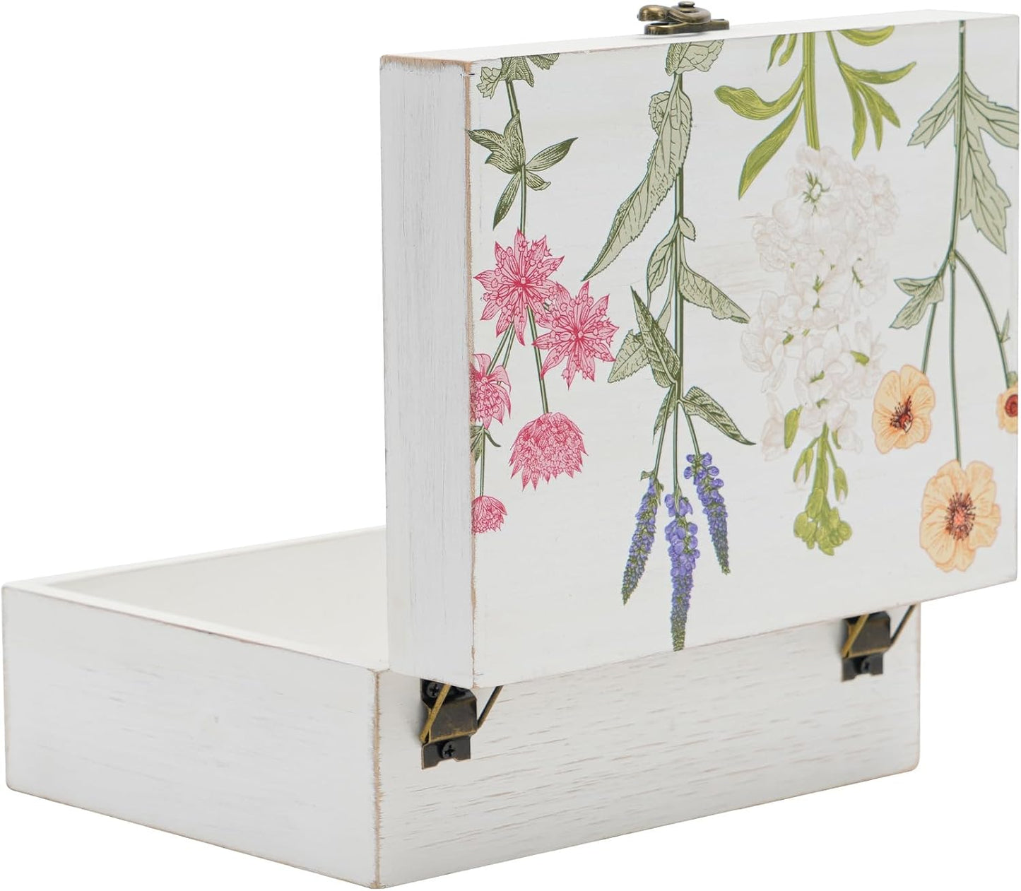 Hinged Lid Wooden Handmade Keepsake Storage Box Floral Printed Jewelry Box Rustic Trinket Box