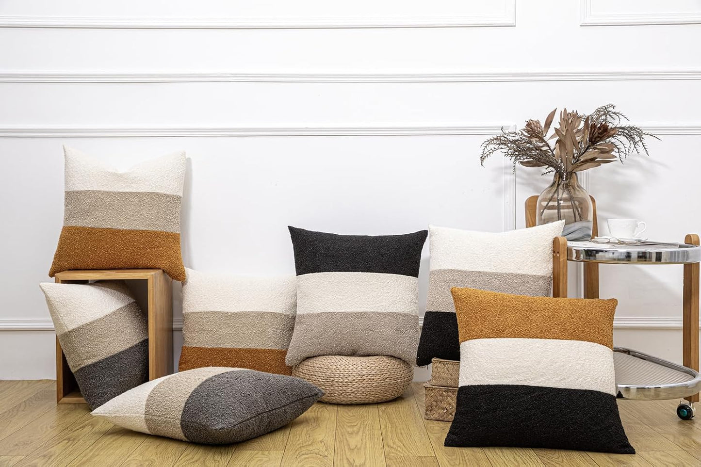 Decorative Textured Boucle Pillow Covers Modern / 18 x 18 / Cream/khaki/orange Brown / Set of 2
