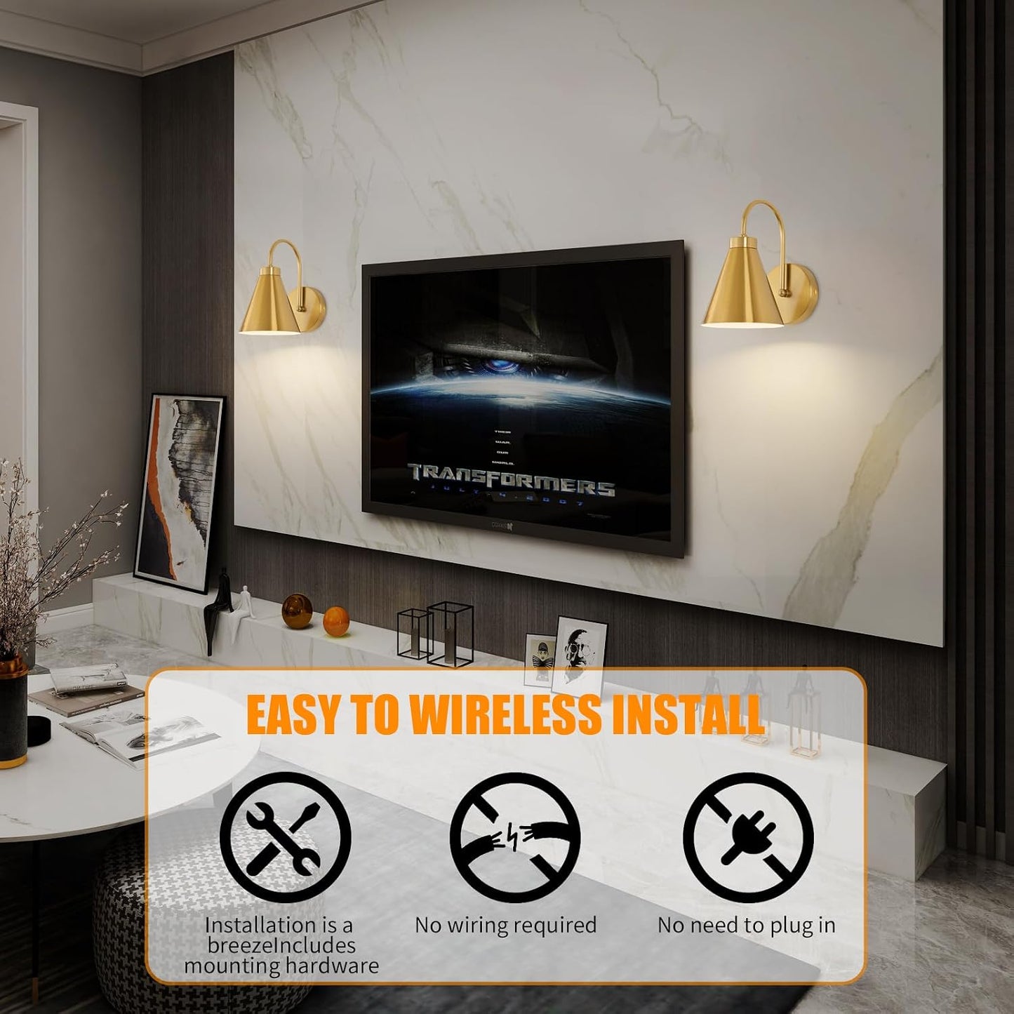 Powfloven Vintage Rechargeable Wall Sconces Set of 2, Gold Battery Operated Bedside Wall Lamps with Remote Control