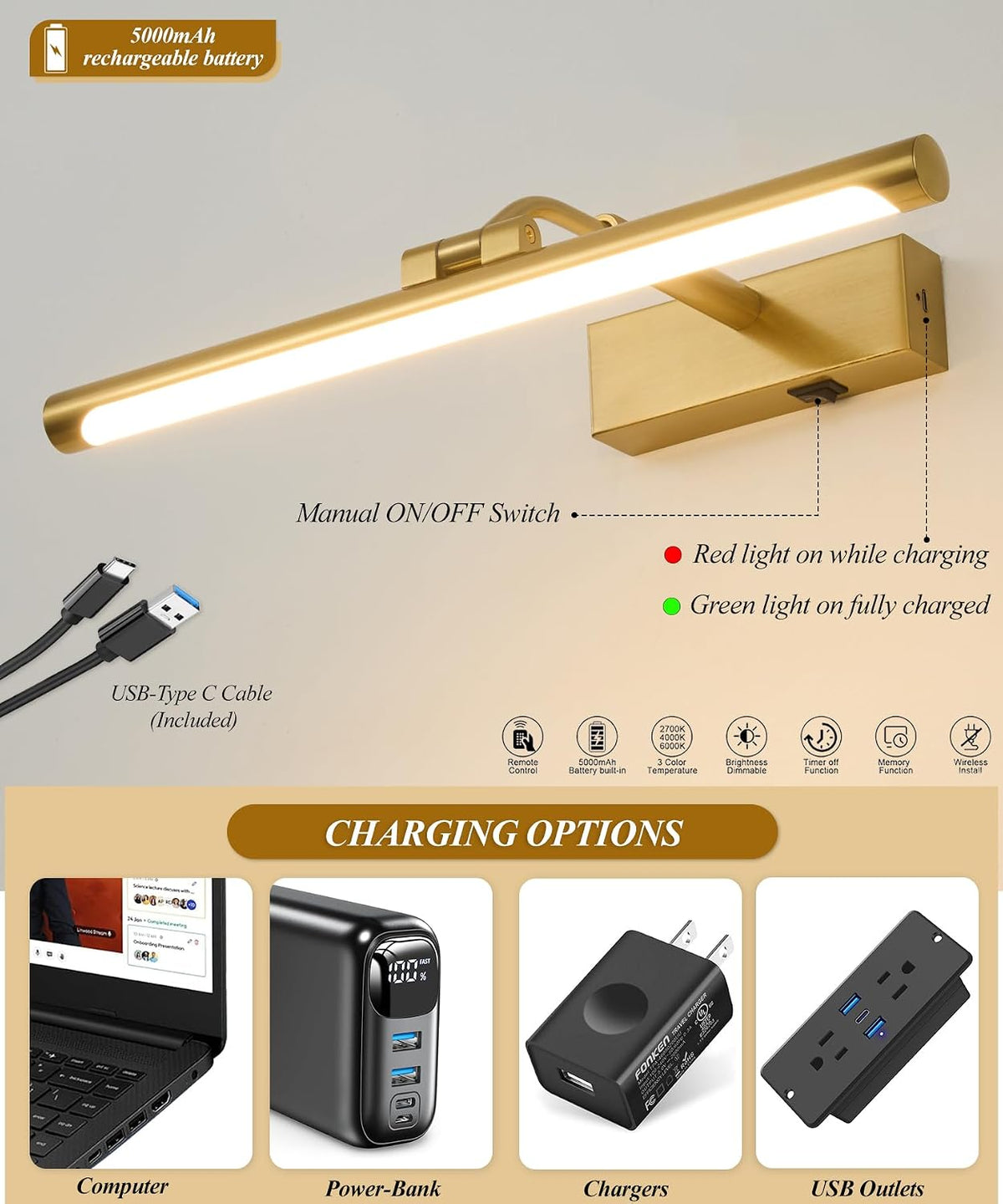 Picture Lights for Wall Battery Operated,16 Inch Wireless Rechargeable Art Lights for Pictures,3CCT Dimmable