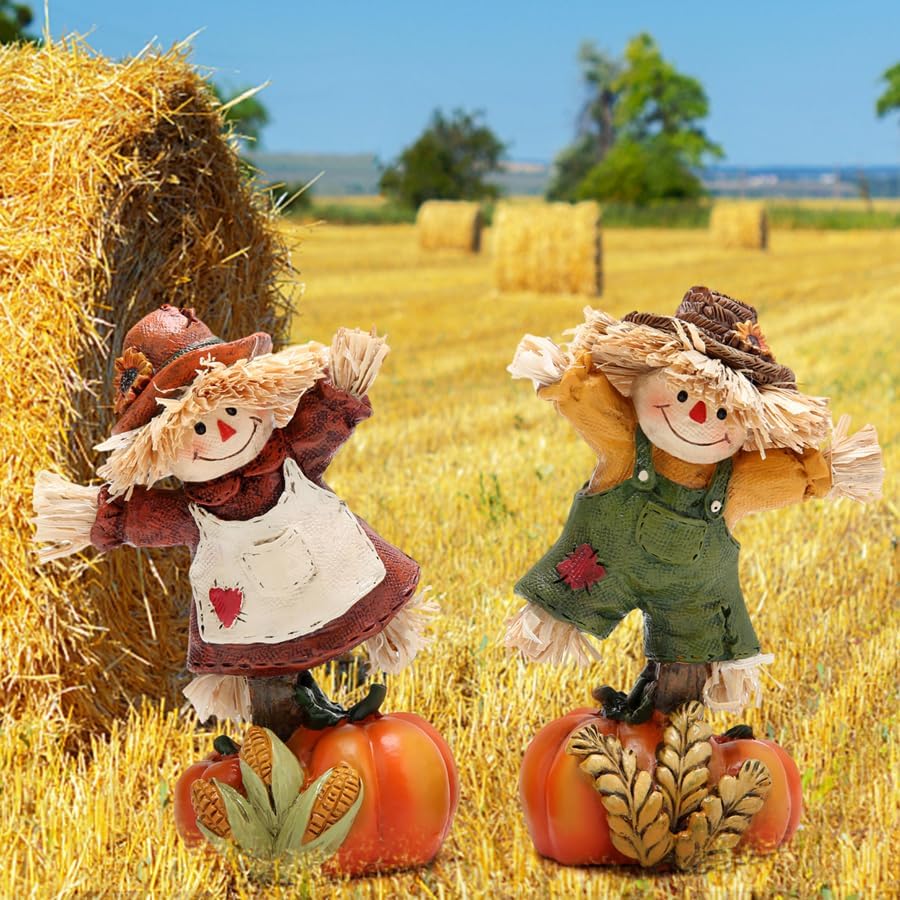 Hodao Fall Scarecrow Pumpkin Figurines, Thanksgiving Decor for Home