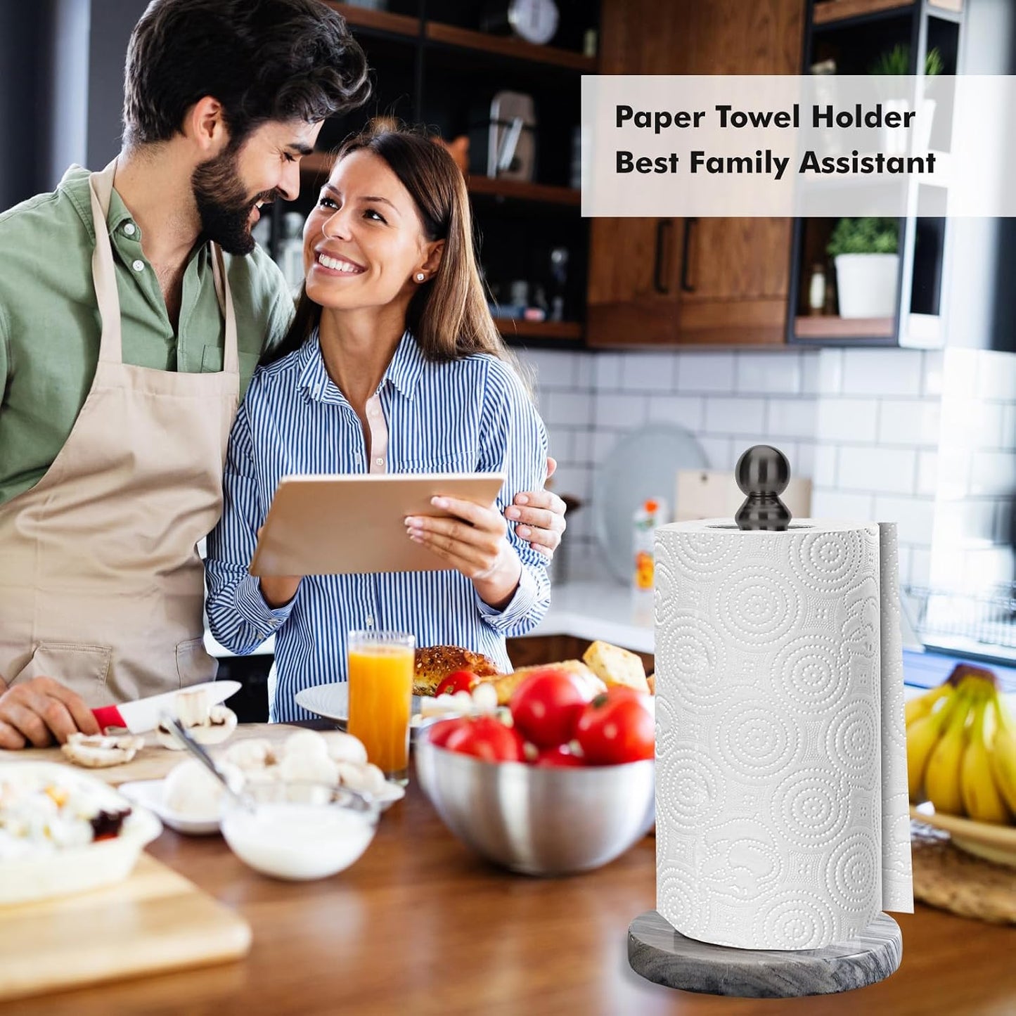 Black Paper Towel Holder Countertop with Heavy Marble Base, Standing Paper Towel Roll Holder for Kitchen Bathroom, with