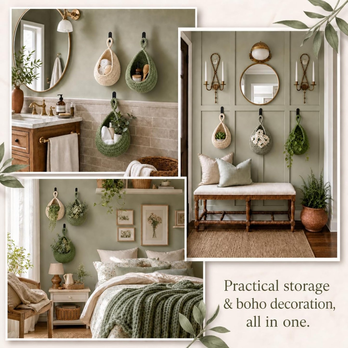 Boho Decor Hanging Wall Baskets / Sage Green, Light Green, White / Cotton Rope / Teardrop / Set of 3