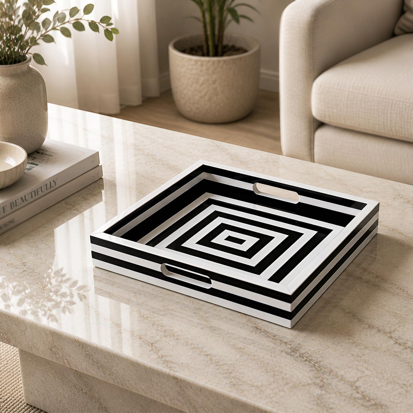 Decorative Tray / Black and White Resin Inlay Concentric / 12 x 12 x 1.7 / Black & White