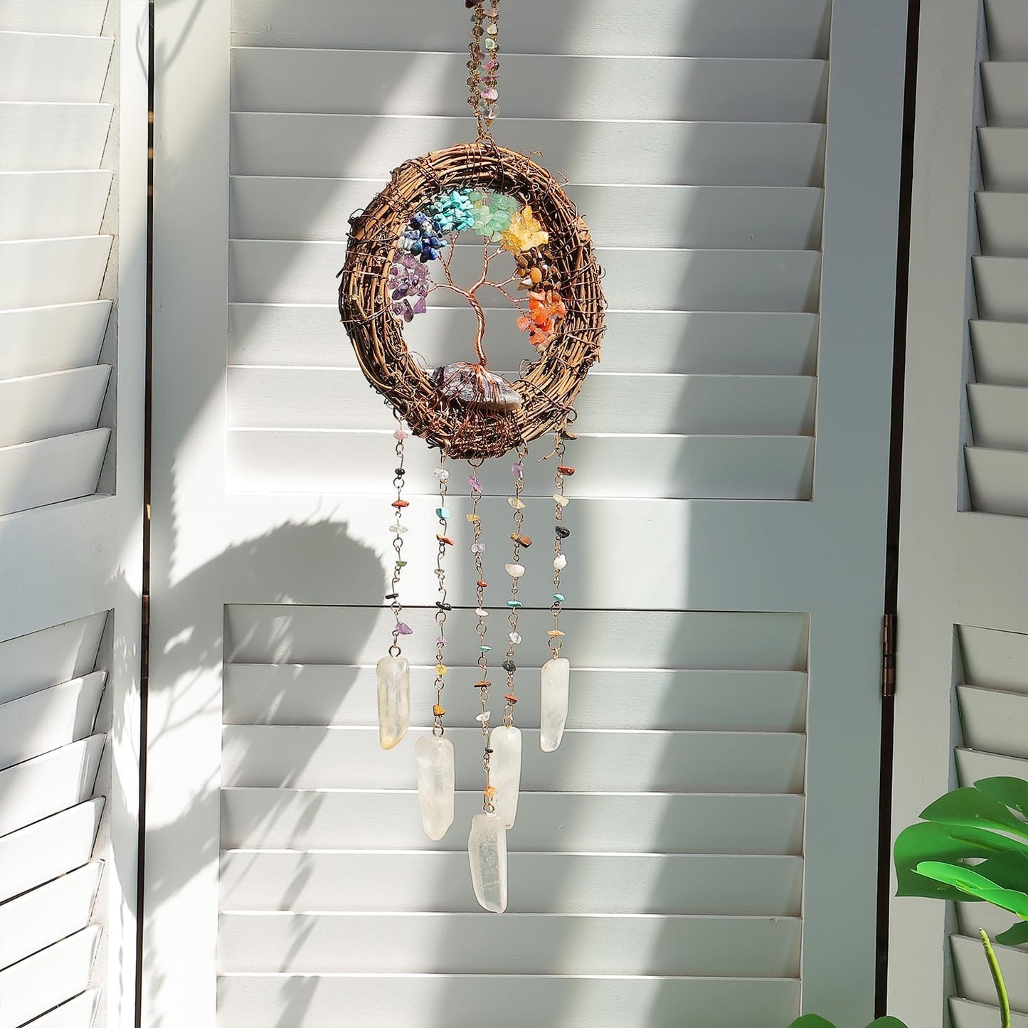 7 Chakra Tree of Life Dream Catcher Native Boho Dreamcatcher Rattan Wall Decor / Rattan-crystal