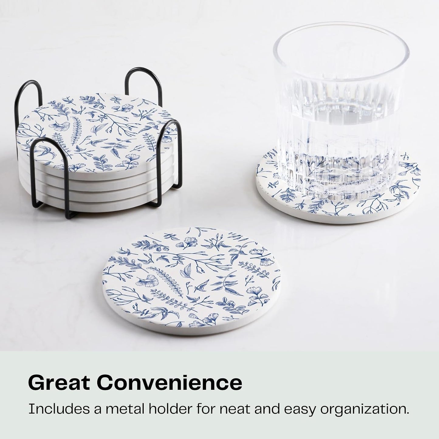 Holder / Absorbent Ceramic Drink Coasters / Blue and White / Set of 6