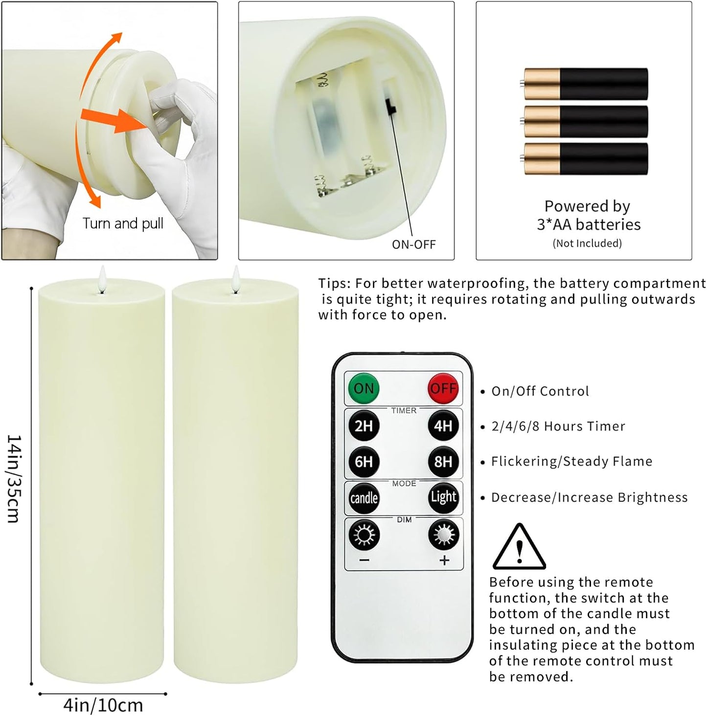 BUTHY 14"x4" Large Outdoor Candle with Remote Timer Waterproof Ivory 2 Pack | Battery Operated Flameless Pillar Candle