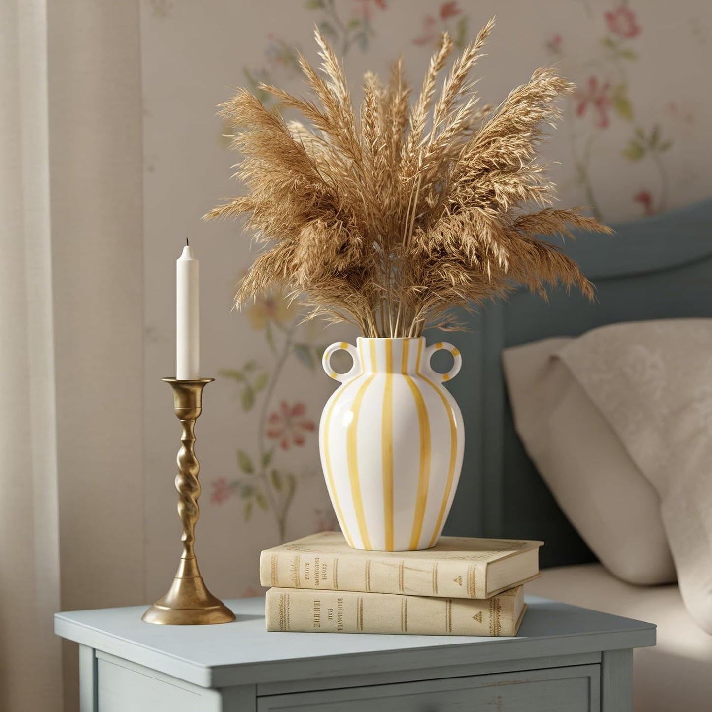 Ceramic Striped Flower Vase / Yellow