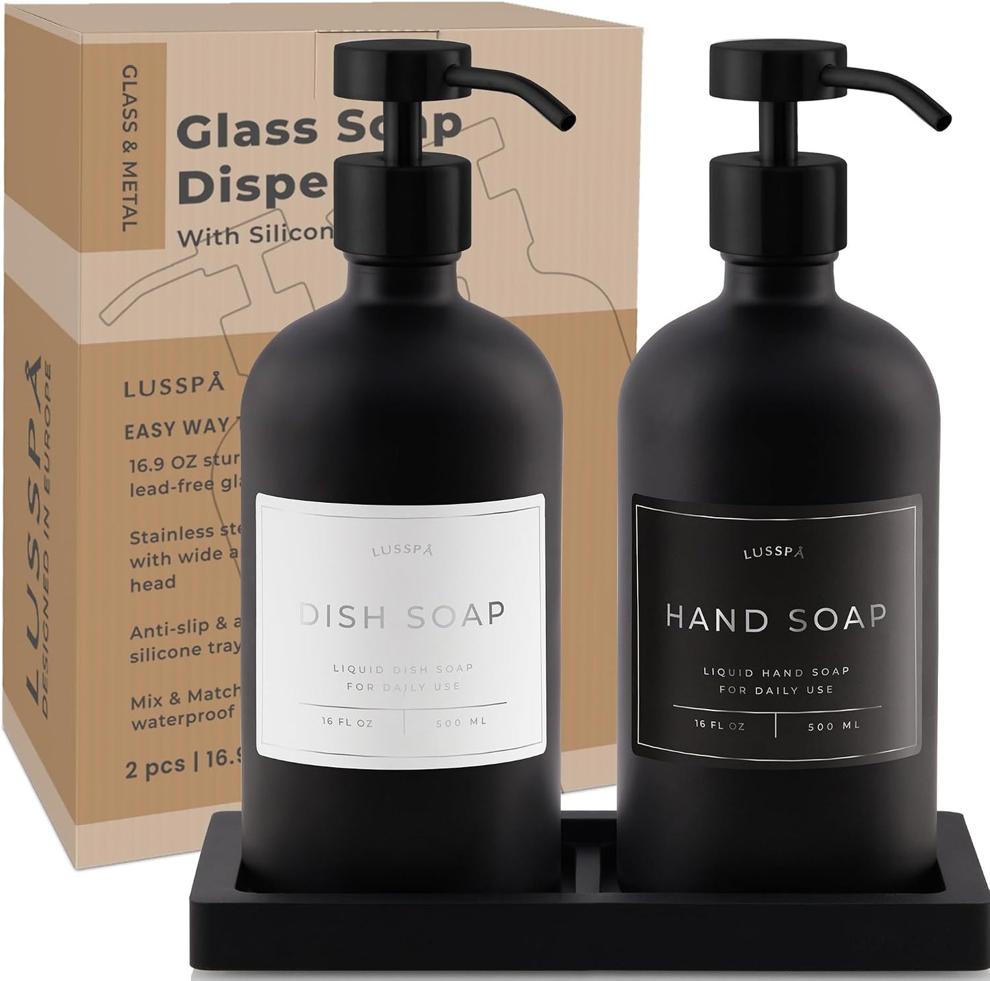 Glass Soap Dispenser Set of 2 (Black) with Silicone Tray | Hand and Dish Soap Dispenser for Kitchen and Bathroom | 16.8