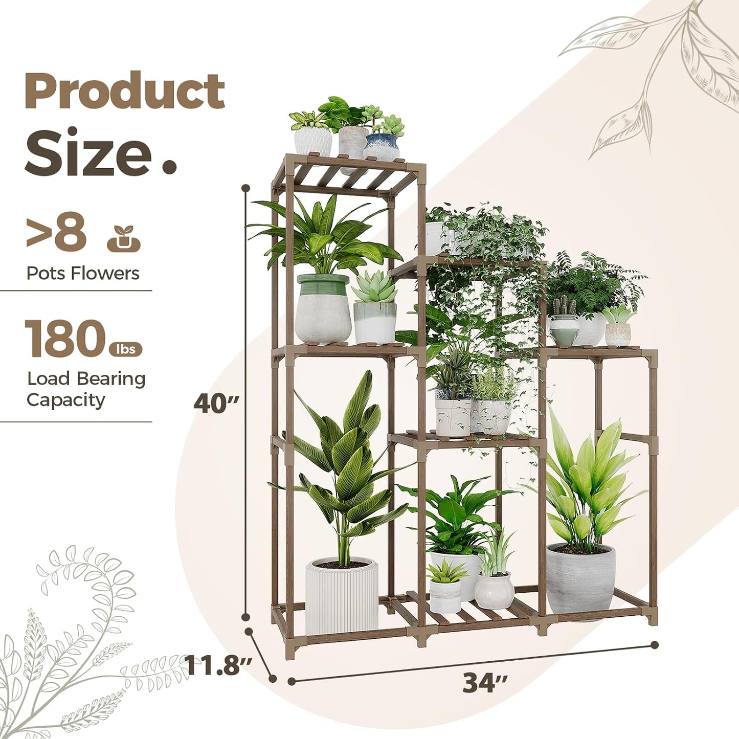 Bamworld Tall Plant Stand Indoor Wood Shelf Outdoor Tiered Rack | for Multiple Flowers 5-Tier 7-Pot Ladder Holder for