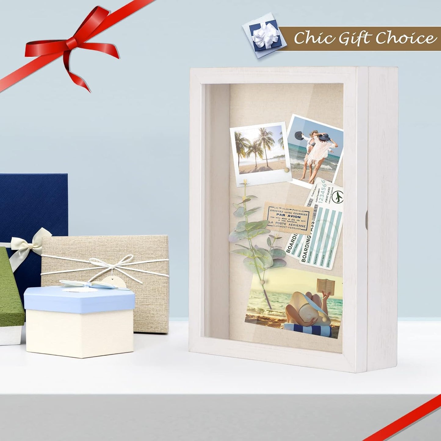 Love-KANKEI Deep Shadow Box 11x14,Wood Frame,Large Memory Box,Rustic White | Front-Opening Glass Magnetic Door,Linen