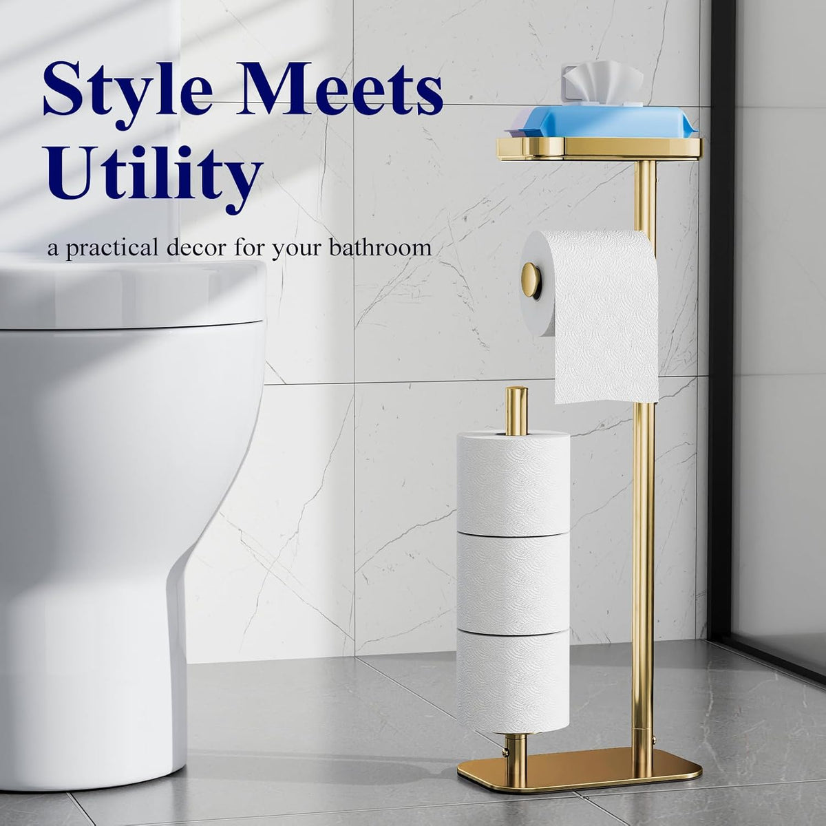 Kitsure Metal Toilet Paper Holder Free Standing, Medium, Chrome Gold | Rustproof Toilet Paper Stand for 4 Rolls