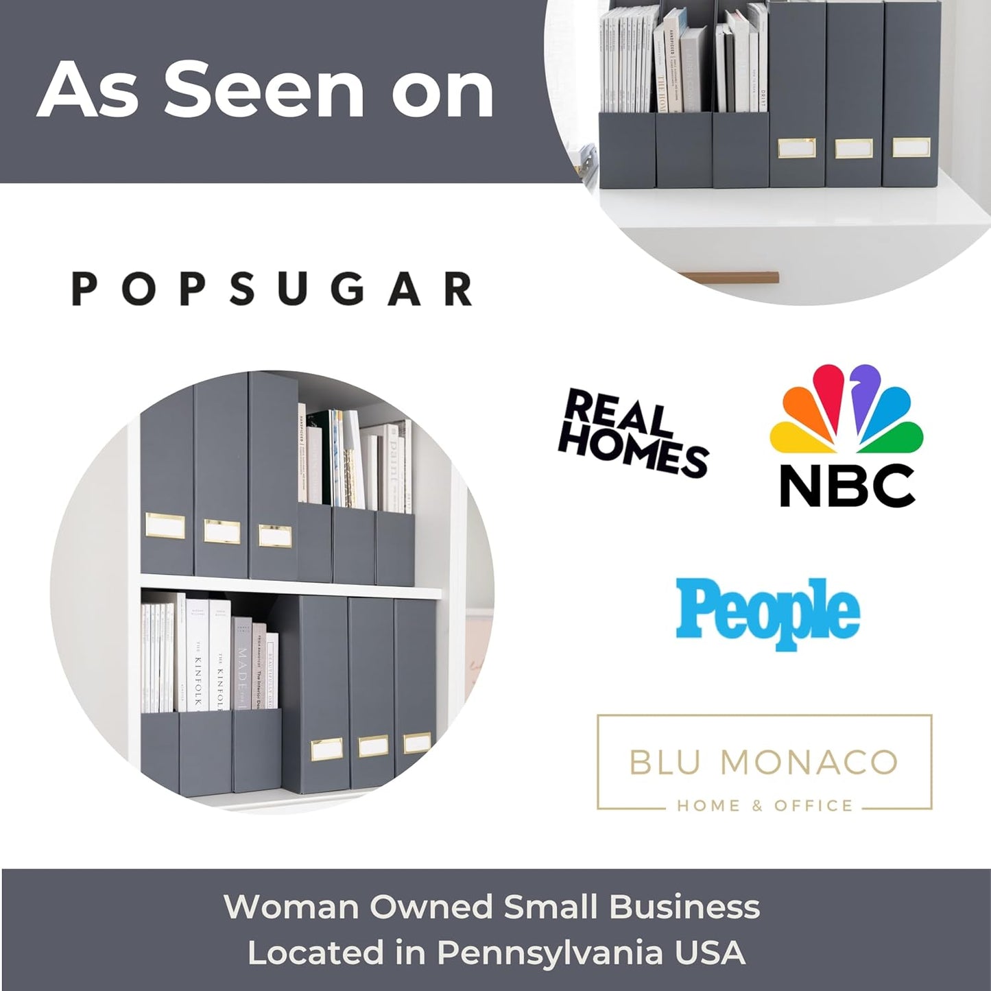 BLU MONACO | Set of 6 Foldable Grey Magazine File Holders with Gold Label Holders | Vertical File Organizer Boxes for